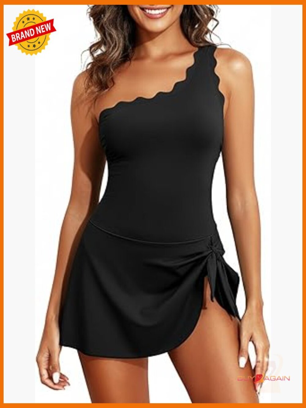 Women's One Piece Swim Dress One Shoulder Tummy Control Swimsuit with Skirt